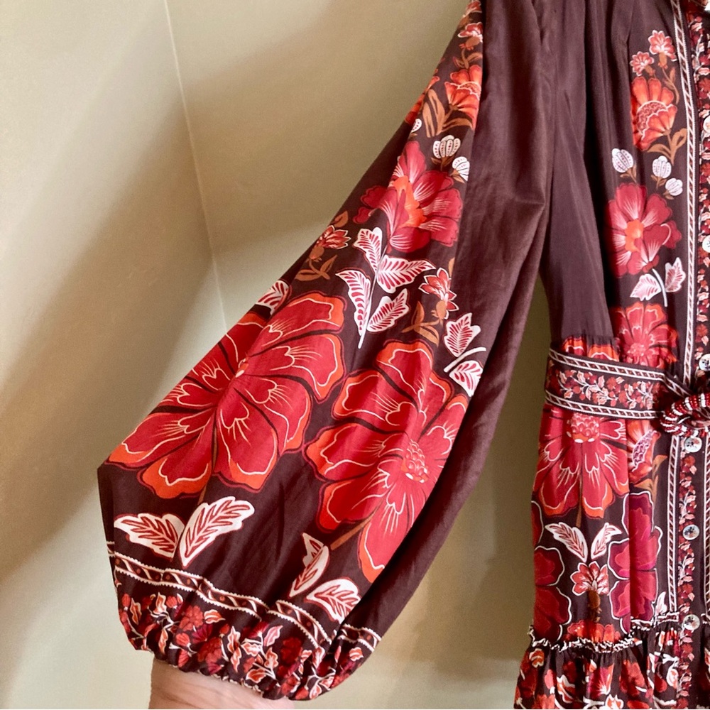 SOLD FARM Rio Gigi Tapestry Brown Mini Dress Beaded Buckle Red Floral Size L - Picture 9 of 16